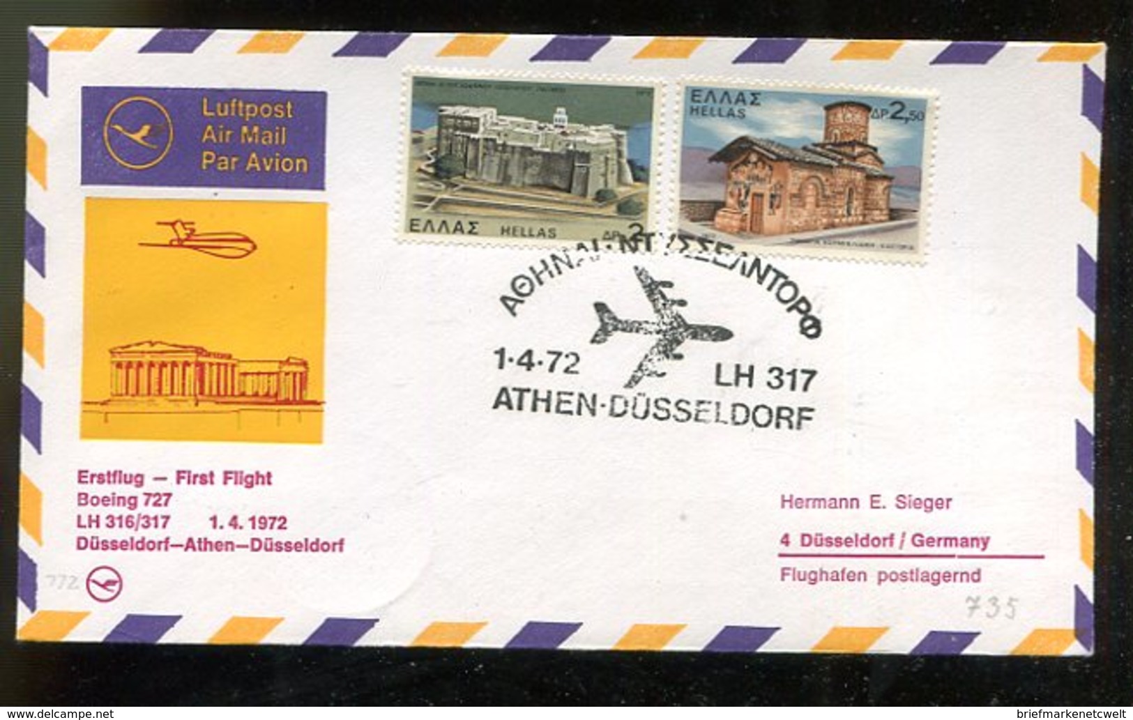 Griechenland / 1972 / Erstflugbf. (FFC) Athen-Duesseldorf (15087) - Storia Postale