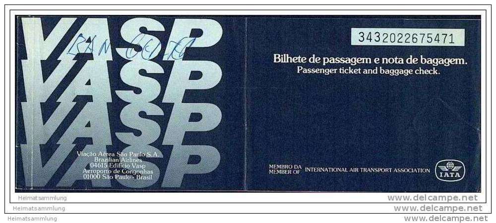 VASP - Brazilian Airlines 1970 - Rio Janeiro Brasilia Rio Janeiro - Tickets