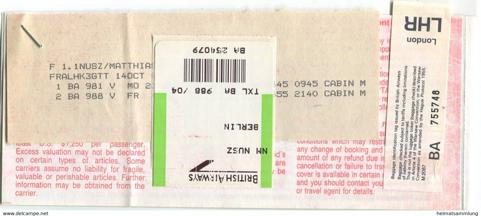 British Airways 1992 - Berlin London Berlin - Tickets