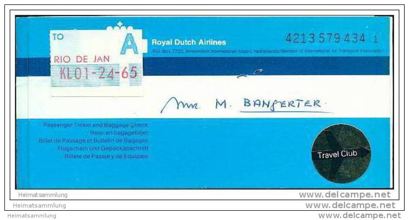 KLM - Royal Dutch Airlines 1978 - Zurich Amsterdam Rio De Janeiro - Biglietti