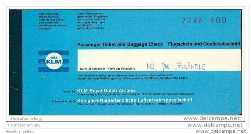 KLM - Royal Dutch Airlines 1968 - Zurich Amsterdam Zurich - Tickets