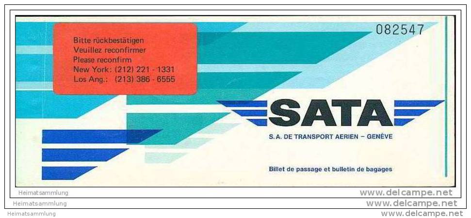 Sata - S.A. De Transport Aerien Geneve 1978 - Zurich New Yorck Zurich - Biglietti
