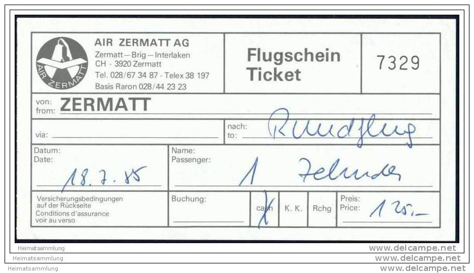 Air Zermatt AG 1985 - Rundflug - Billetes