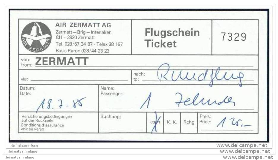 Air Zermatt AG 1985 - Rundflug - Biglietti