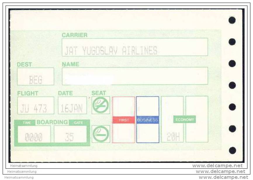 Boarding Pass - JAT Yugoslav Airlines - Cartes D'embarquement