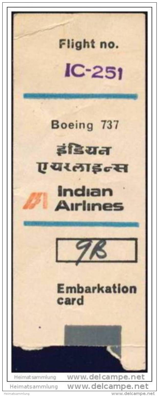 Boarding Pass - Indian Airlines - Cartes D'embarquement