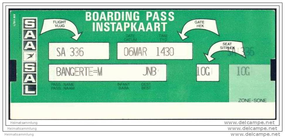 Boarding Pass - SAA-SAL South African Airways - Suid Afrikaanse Lugdiens - Cartes D'embarquement