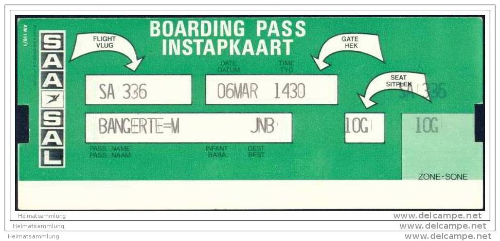 Boarding Pass - SAA-SAL South African Airways - Suid Afrikaanse Lugdiens - Carte D'imbarco