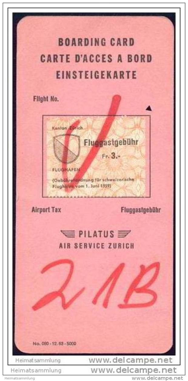 Boarding Card - Pilatus Air Service Zurich - Carte D'imbarco