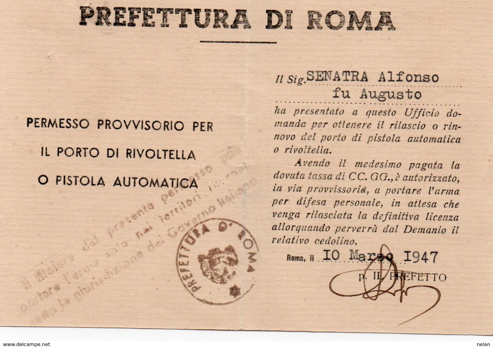 PERMESSO PROVVISORIO PER IL PORTO DI RIVOLTELLA O PISTOLA AUTOMATICA-1947-PREFETTURA DI ROMA - Documenti Storici