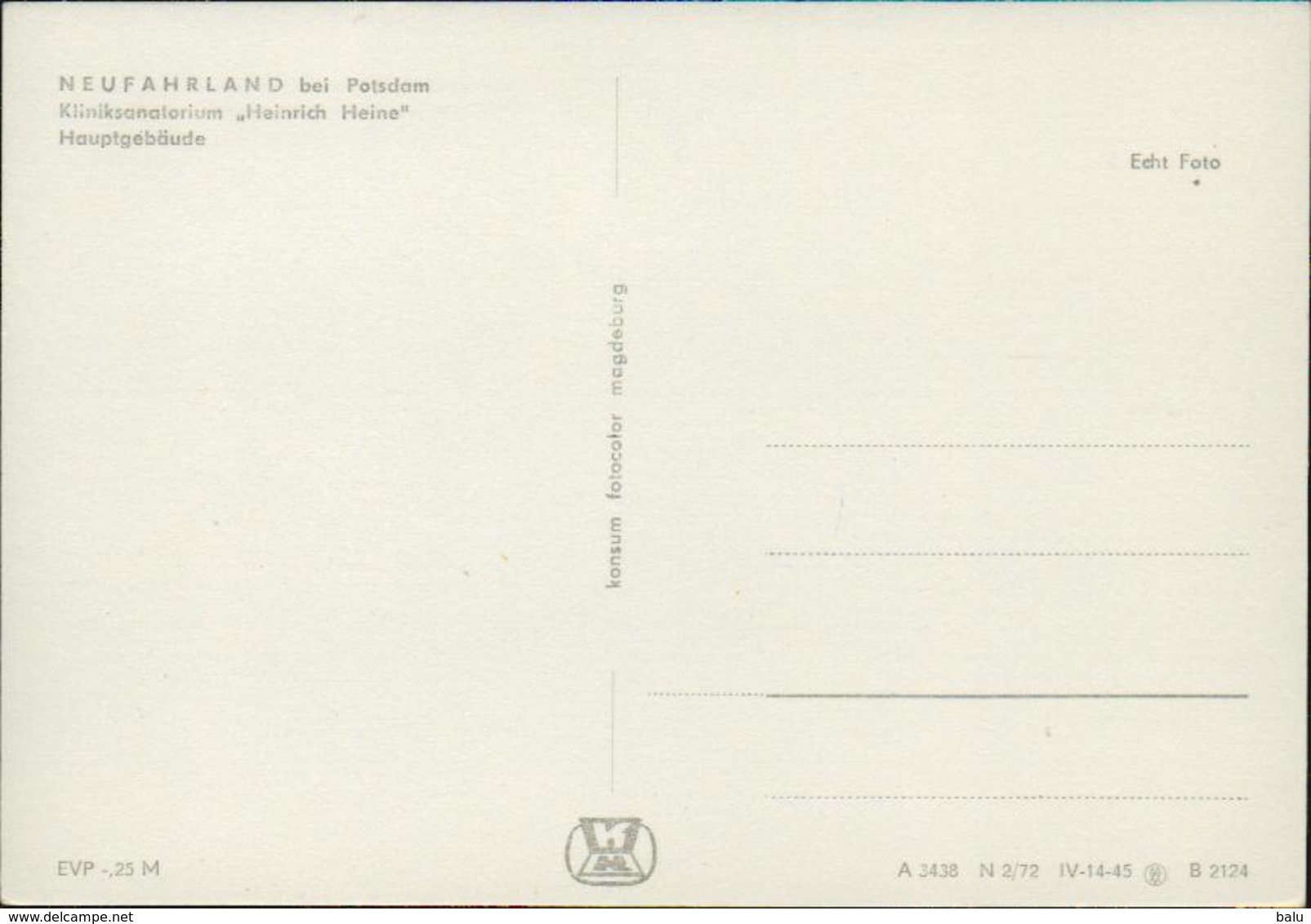 AK Neufahrland Bei Potsdam Kliniksanatorium Heinrich Heine Hauptgebäude, Ungelaufen, 2 Scans, Konsum Fotocolor Echt Foto - Neu Fahrland