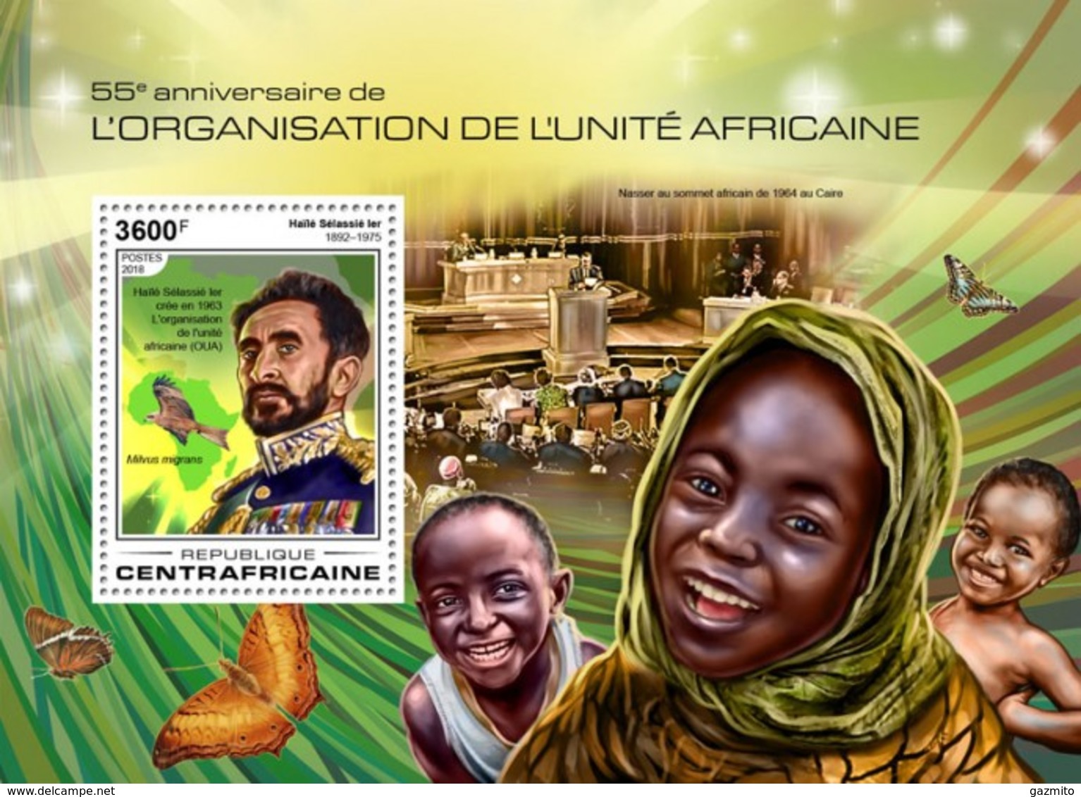 Centrafrica 2018, Organization Unity Of Africa, Butterflies, Eagle, BF - Papillons