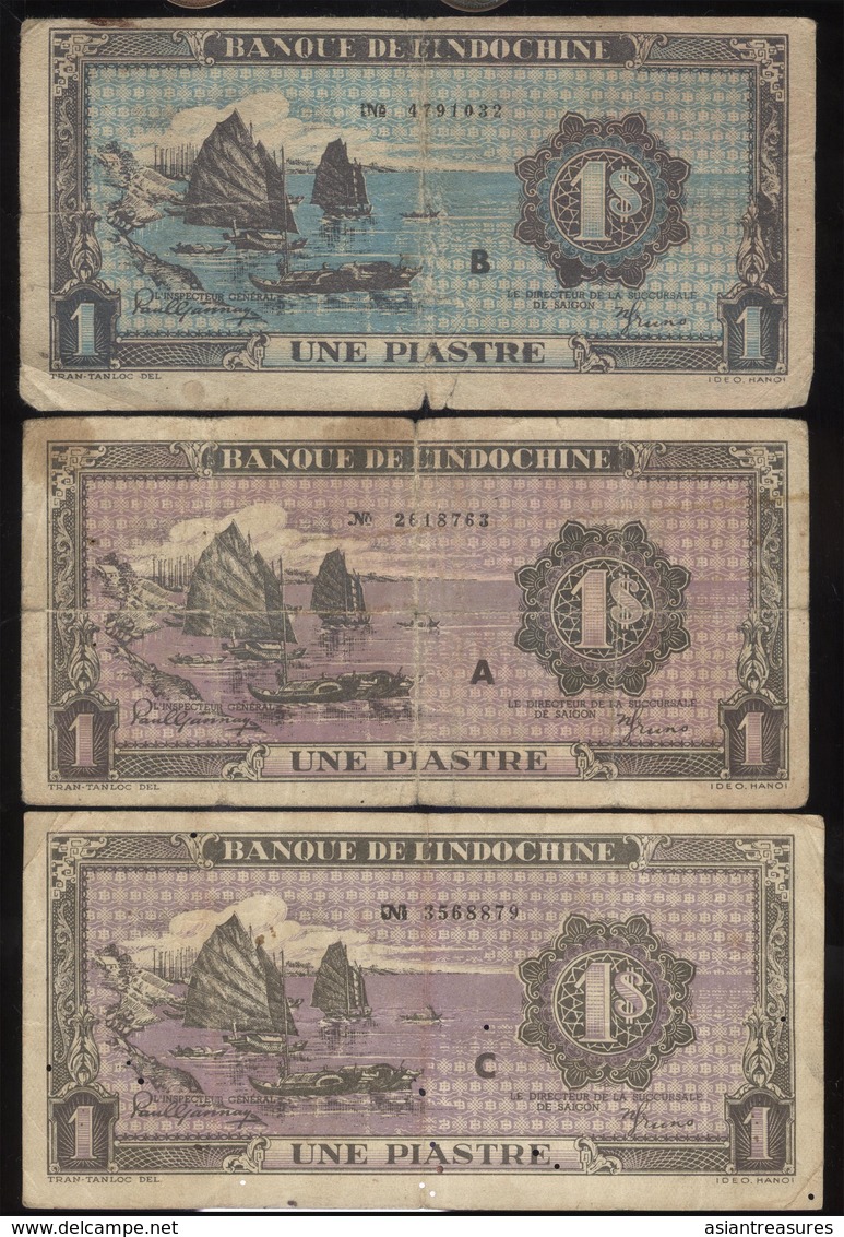 French Indochina Cambodia 1 Piastre 3 Note Set  1942-45 KM 59-60 JB, A, C All VF   Very Hard To Find - Indochina