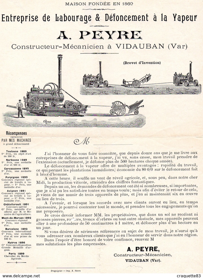 ENTREPRISE DE LABOURAGE & DEFONCEMENT A LA VAPEUR -A. PEYRE-CONSTRUCTEUR-MECANICIEN A VIDAUBAN VAR - Publicités