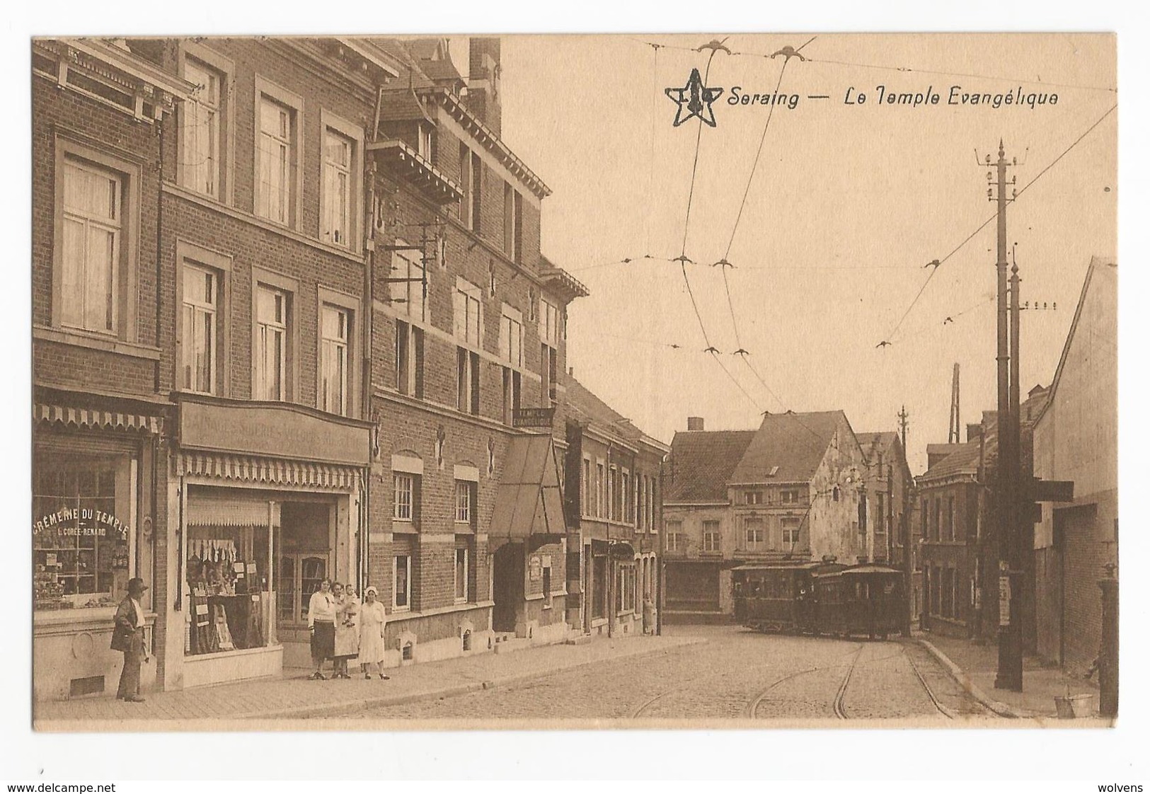 Seraing Le Temple Evangélique Carte Postale Ancienne Animée Tram Tramway - Seraing