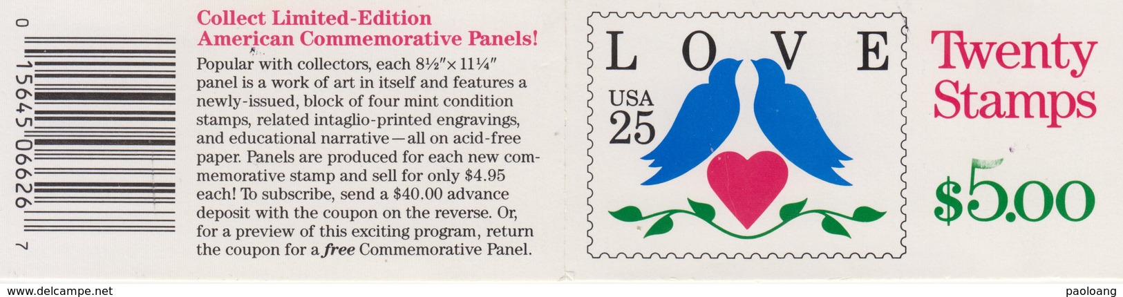 United States,  Scott #BK169, Year 1990, Booklet Of 20 MNH** - Love - Nuovi