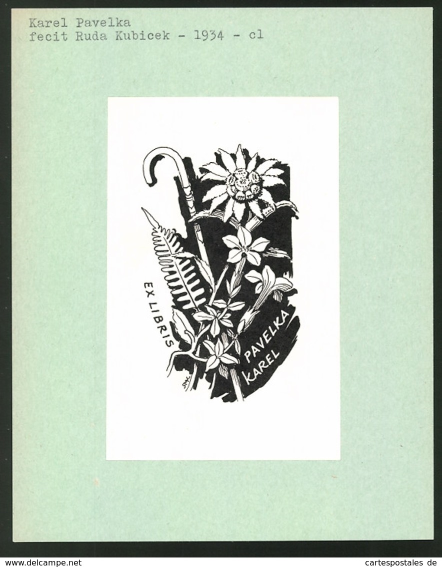 Ex-libris Von Ruda Kubicek Für Karel Pavelka, Spazierstock & Blühende Des Fleurs - Exlibris