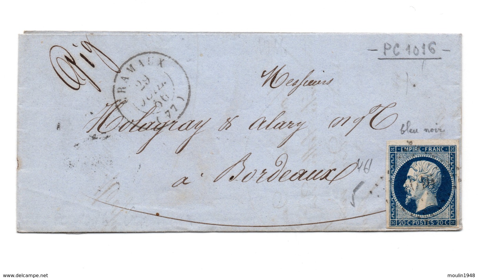 Lettre De Cramaux (Carmaux Tarn) Pour Bordeaux Du 29/7/56 Avec Timbre Type Empire 20c Bleu Oblitéré PC1016 Et CachetT 15 - 1849-1876: Classic Period