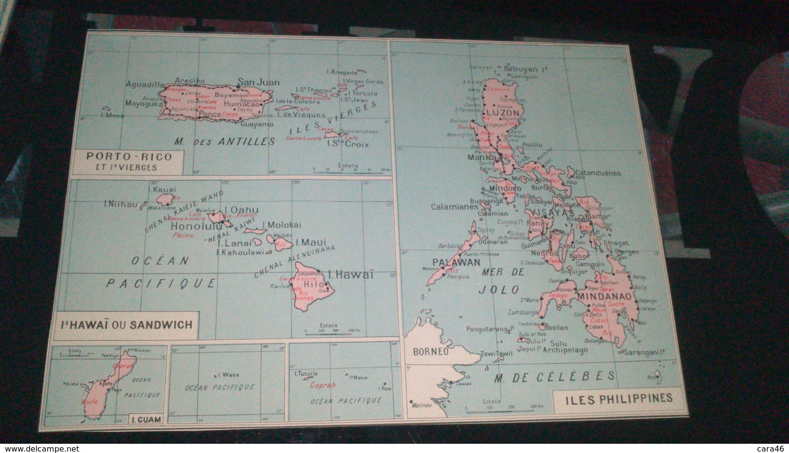 AFFICHE CARTE GEOGRAPHIQUE - PORTO RICO - HAWAI OU SANDWICH - ILES PHILIPPINES.......... - Geographical Maps