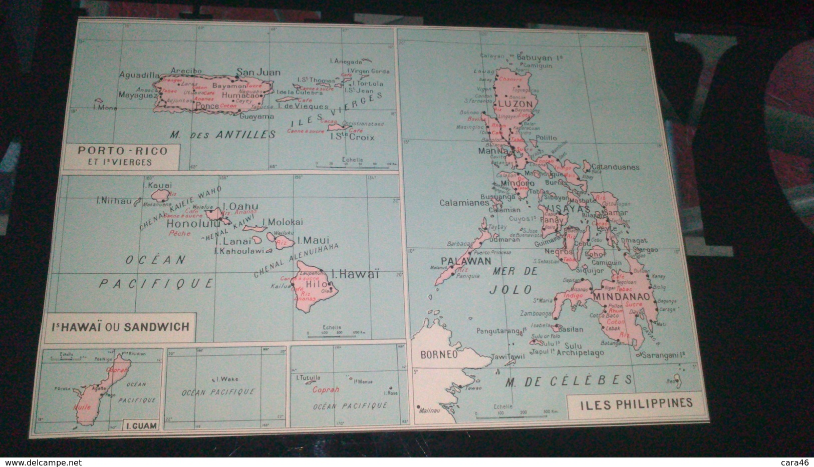 AFFICHE CARTE GEOGRAPHIQUE - PORTO RICO - HAWAI OU SANDWICH - ILES PHILIPPINES.......... - Geographical Maps