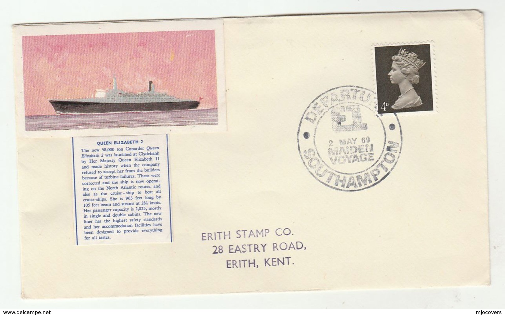 1969 QE2 SHIP Maiden Voyage COVER Southampton Queen Elizabeth 2  Liner Gb Stamps - Ships