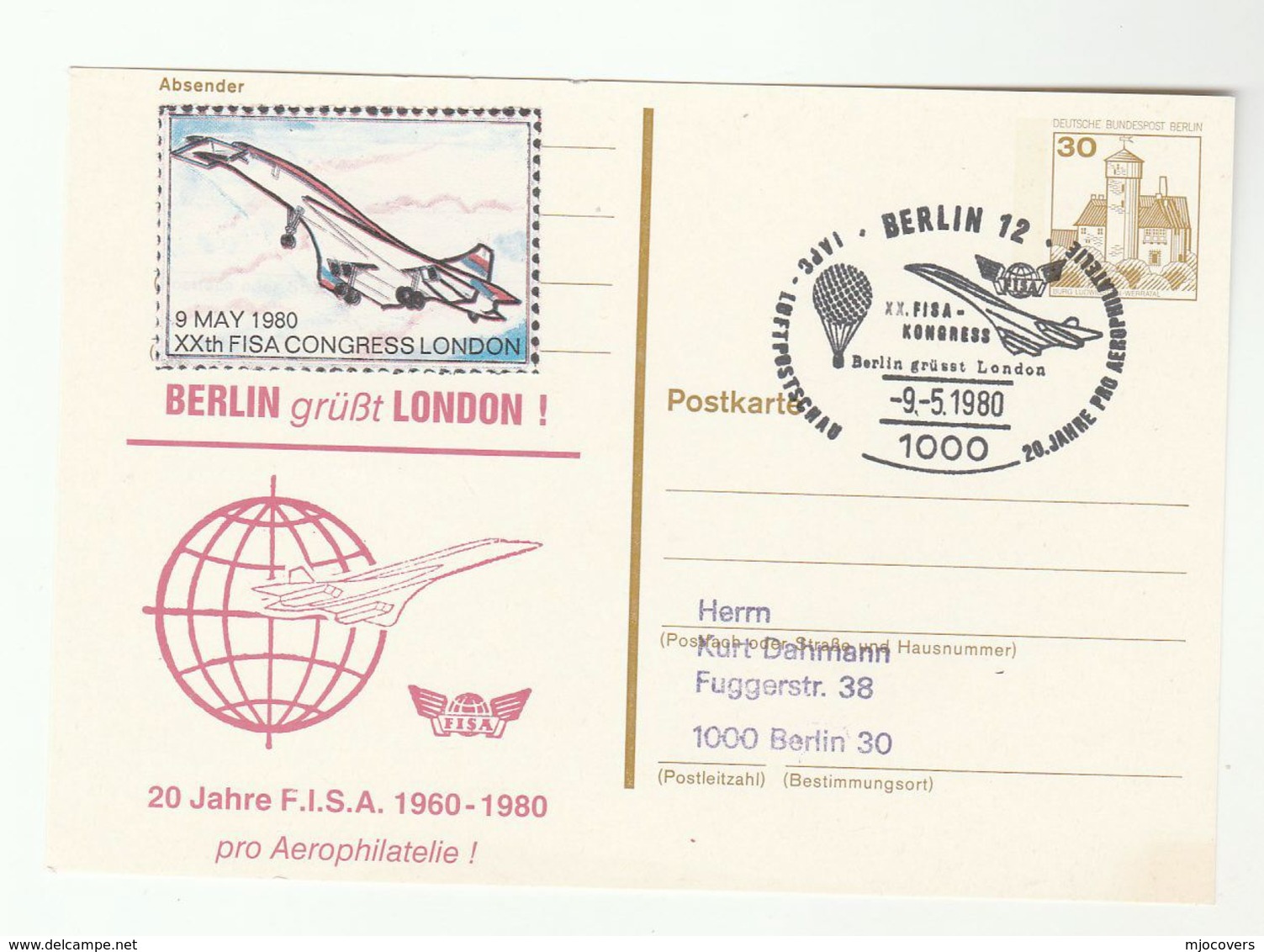 1980 CONCORDE BERLIN EVENT COVER Postal Stationery Card Aviation Germany With CONCORDE AIRCRAFT LABEL - Concorde