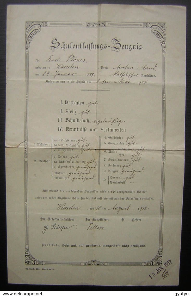 1912 Diplôme Allemand Attribué à Karl Plönes  Né En 1899  Cachet De 1917 - Diplômes & Bulletins Scolaires