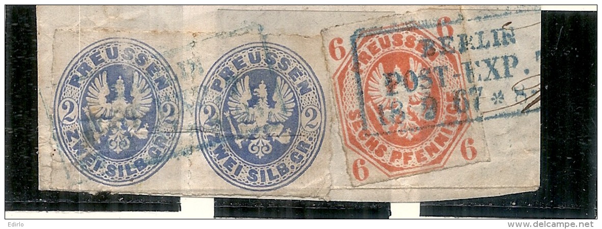 ALLEMAGNE  PRUSSE N° 18+17 Bleu Outremer   Sur Fragment - Côte 6€ - Sonstige & Ohne Zuordnung