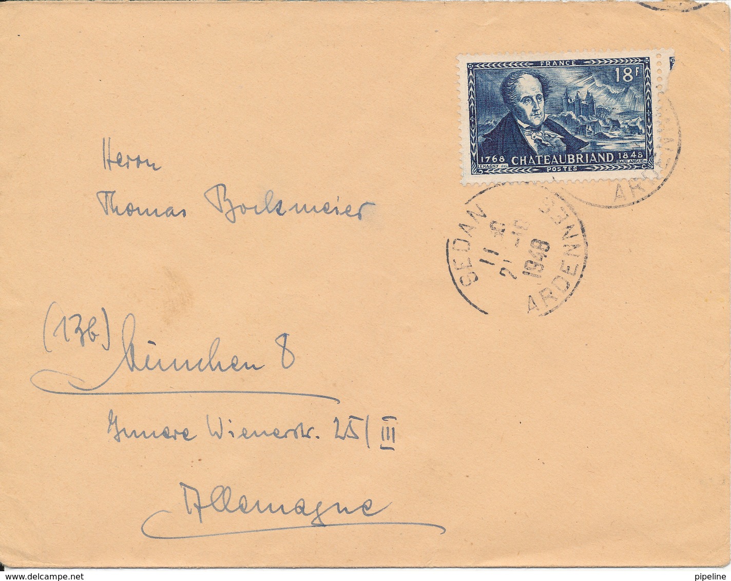 France Cover Sent To Germany Sedan 21-12-1948 Single Franked - Covers & Documents