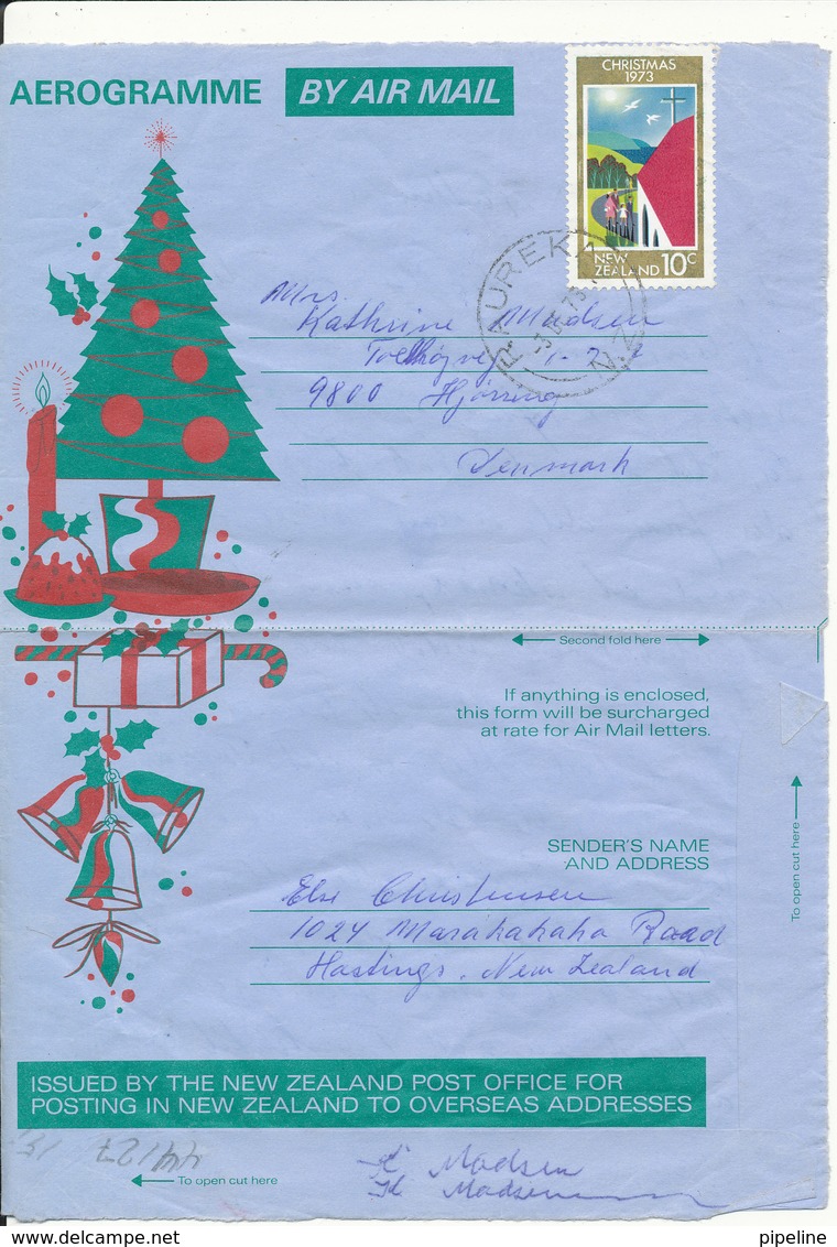 New Zealand Christmas Aerogramme Sent To Denmark Raureka 3-12-1973 - Poste Aérienne