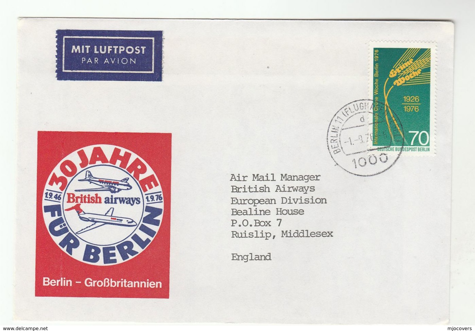 1976 West Berlin BRITISH AIRWAYS  30th Anniv SPECIAL FLIGHT COVER To GB Aviation Germany Stamps - Aerei