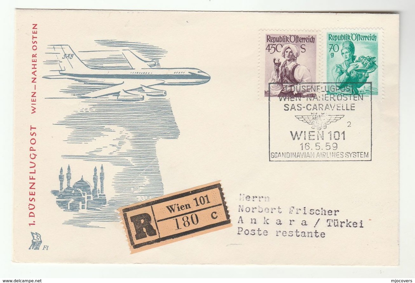 1959 First FLIGHT COVER Austria To TURKEY Vienna To Ankara  SAS CARAVELLE Aviation Mosque , Stamps - Airplanes