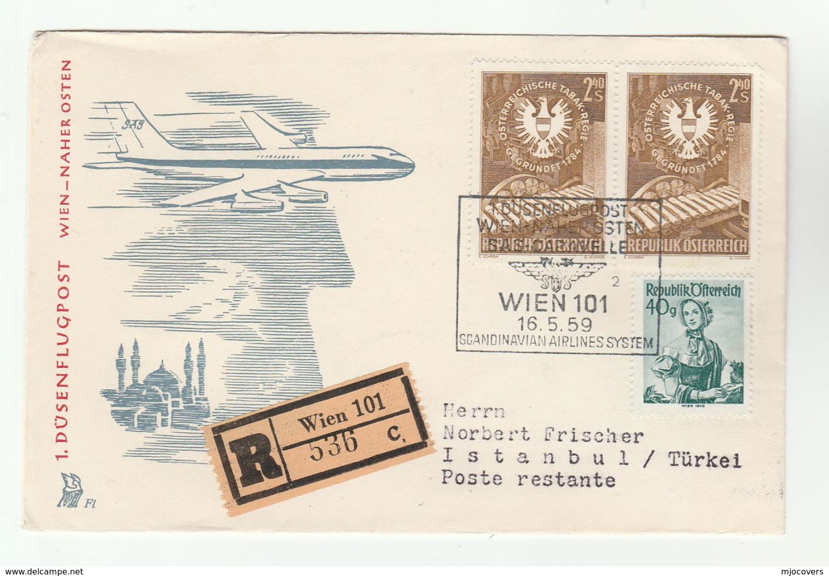 1959 First FLIGHT COVER Austria To TURKEY Vienna To Istanbul SAS CARAVELLE Aviation Mosque , Stamps - Airplanes