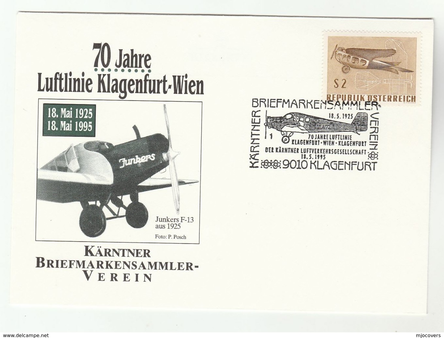 Austria 1925 JUNKERS  F13 Aircraft ANNIV 1995 EVENT COVER Aviation Flight Stamps - Airplanes