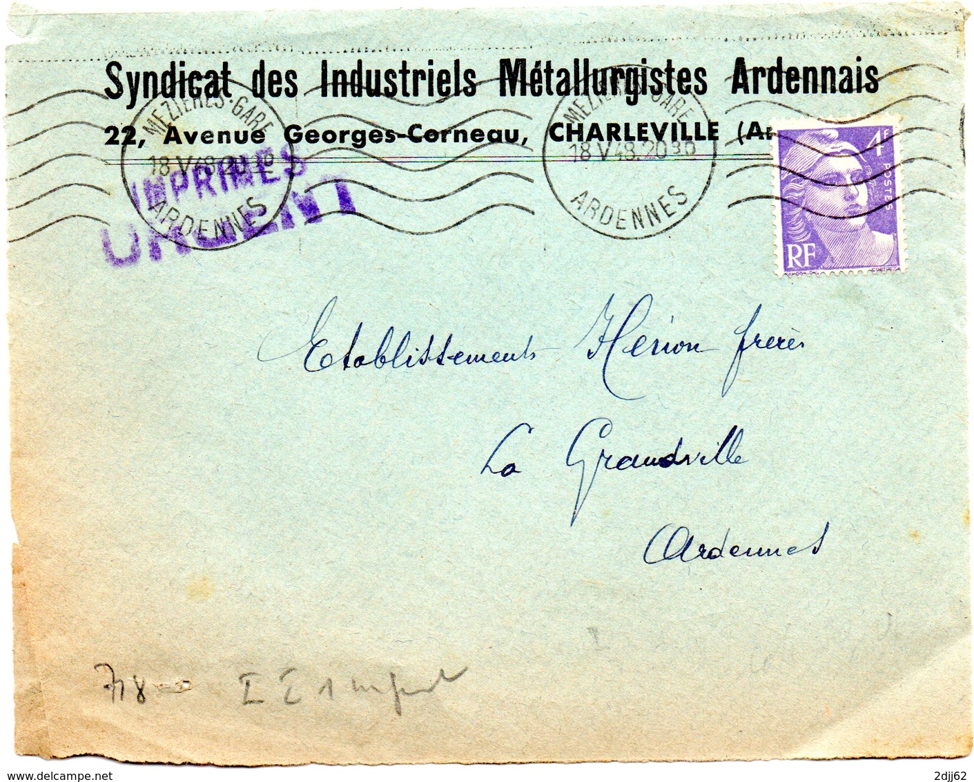 1948 - Imprimés "urgent" -, Gandon 718- Devant D'enveloppe   (V401) - Tariffe Postali