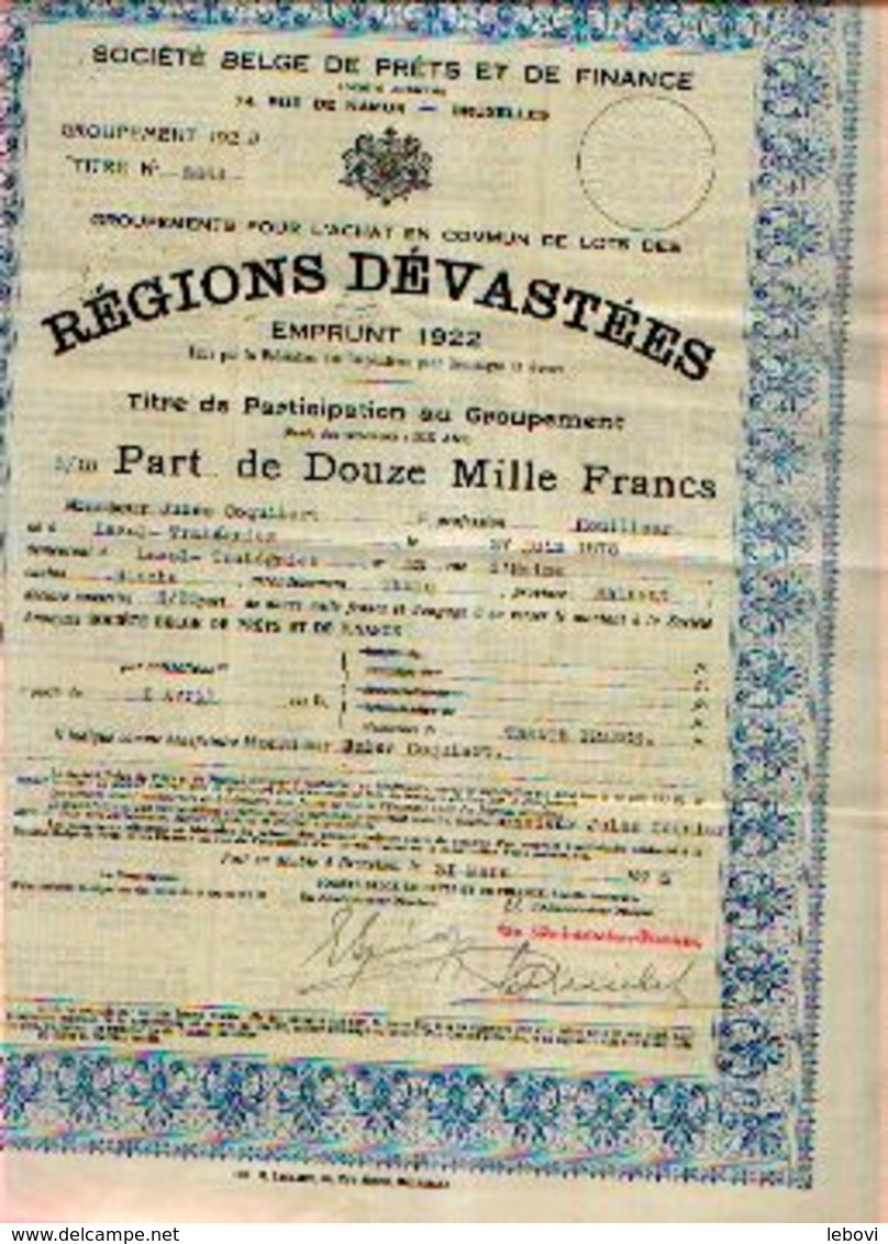 « Société Belge De Prêts Et De Finance  - REGIONS DEVASTEES – Emprunt 1922 » - 3/10e De Part De 12.000 Fr (1925) - Banque & Assurance