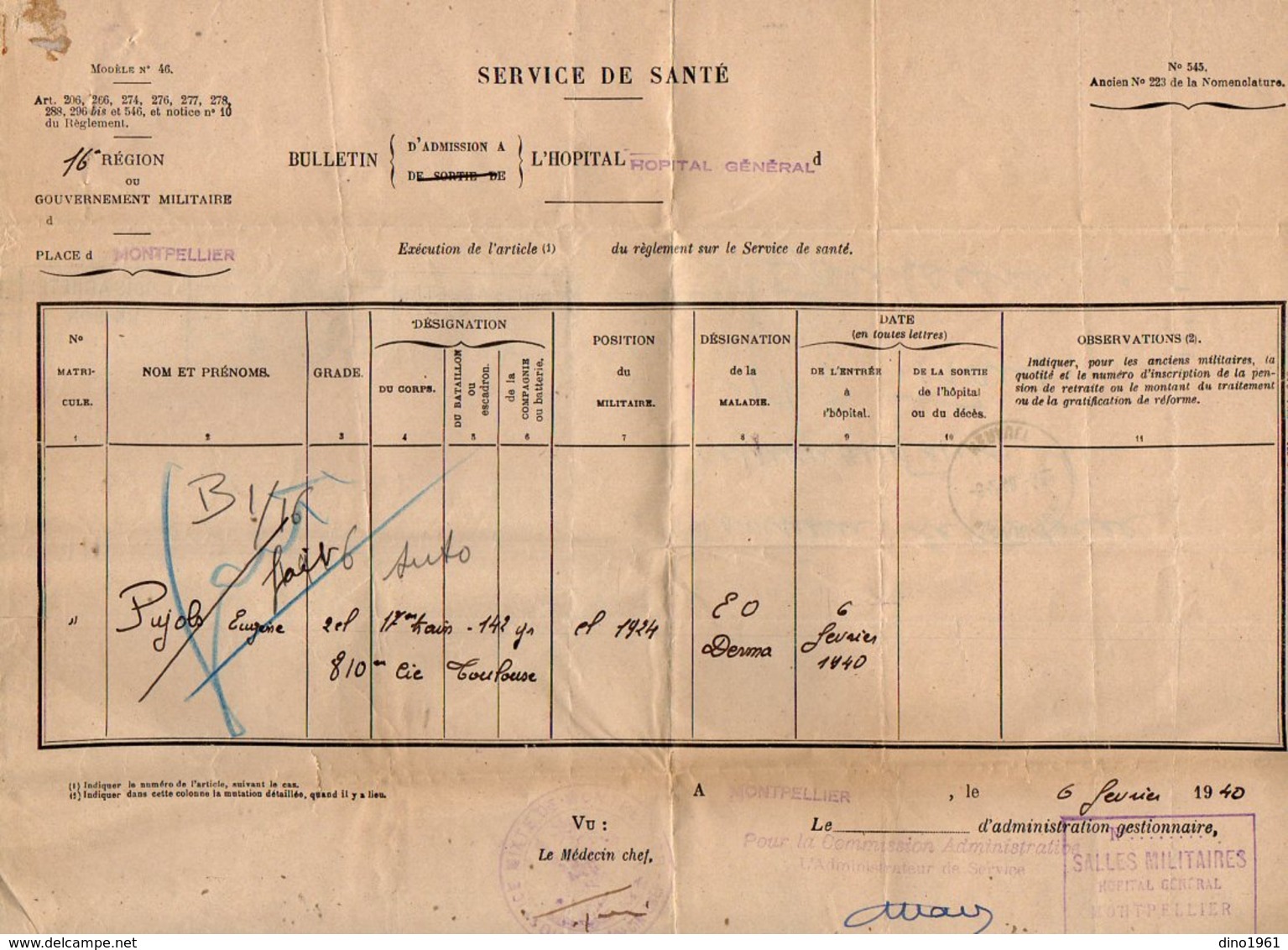 VP12.754 - MILITARIA - Guerre 39/45 - Lettre En Franchise Militaire - Hopital De MONTPELLIER Pour TOULOUSE - Documentos