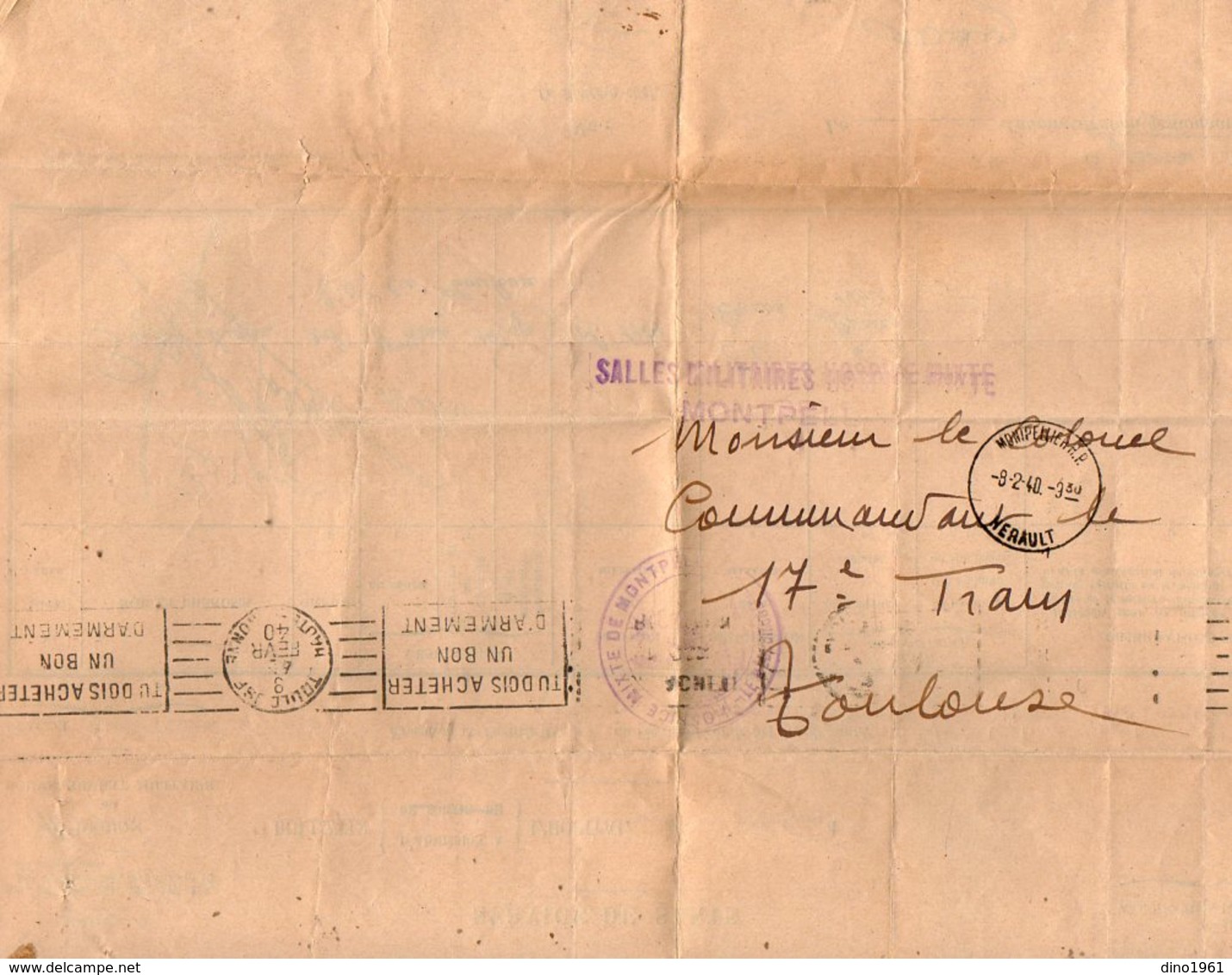 VP12.754 - MILITARIA - Guerre 39/45 - Lettre En Franchise Militaire - Hopital De MONTPELLIER Pour TOULOUSE - Documentos