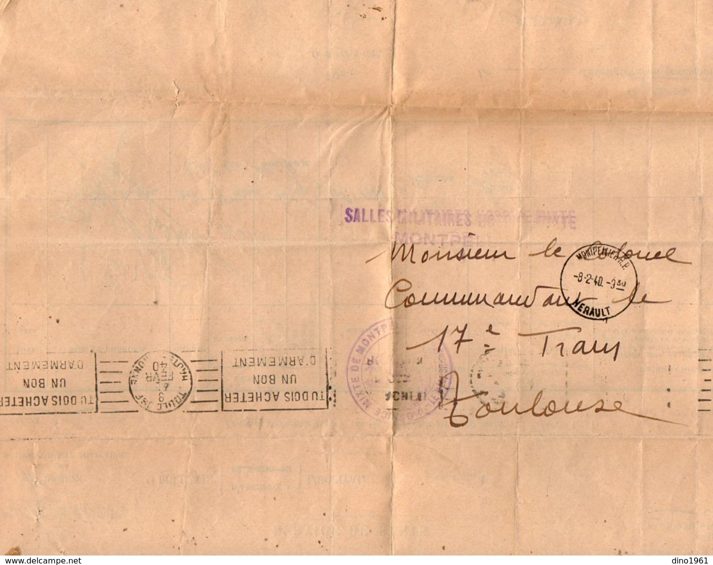 VP12.754 - MILITARIA - Guerre 39/45 - Lettre En Franchise Militaire - Hopital De MONTPELLIER Pour TOULOUSE - Documents