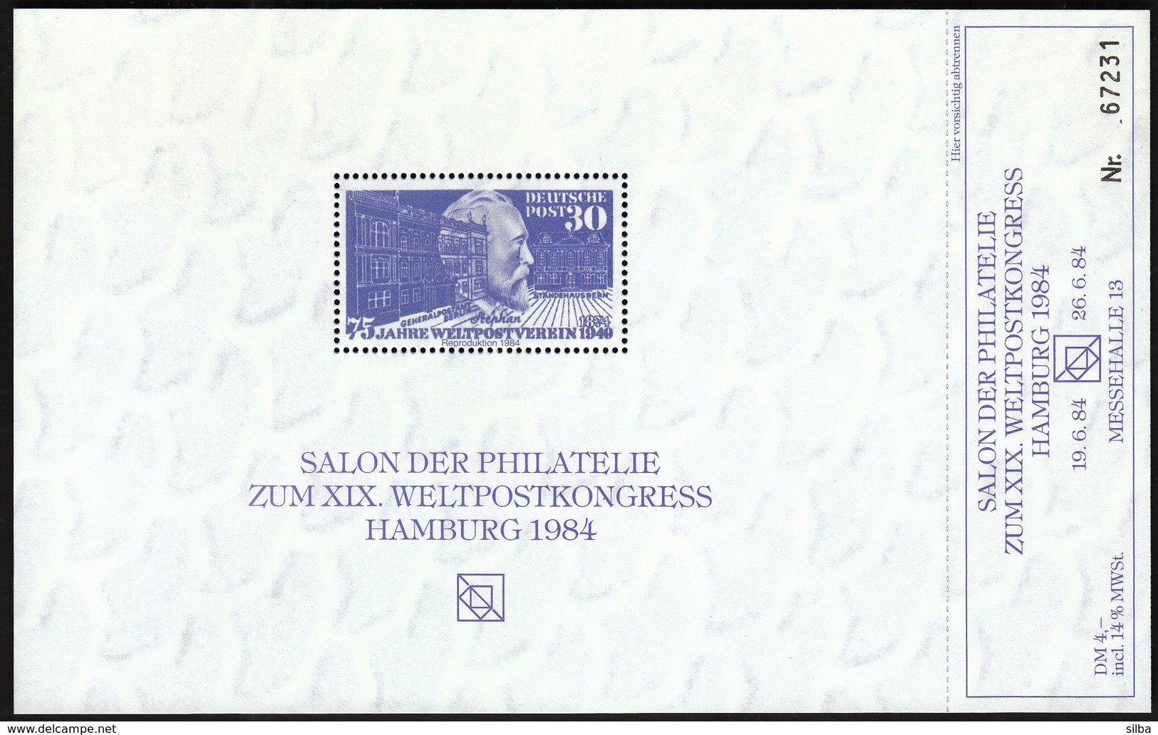 Germany 1984 / Salon Der Philatelie Zum XIX. Weltpostkongress Hamburg / Ticket Vignette, Cinderella - Philatelic Exhibitions