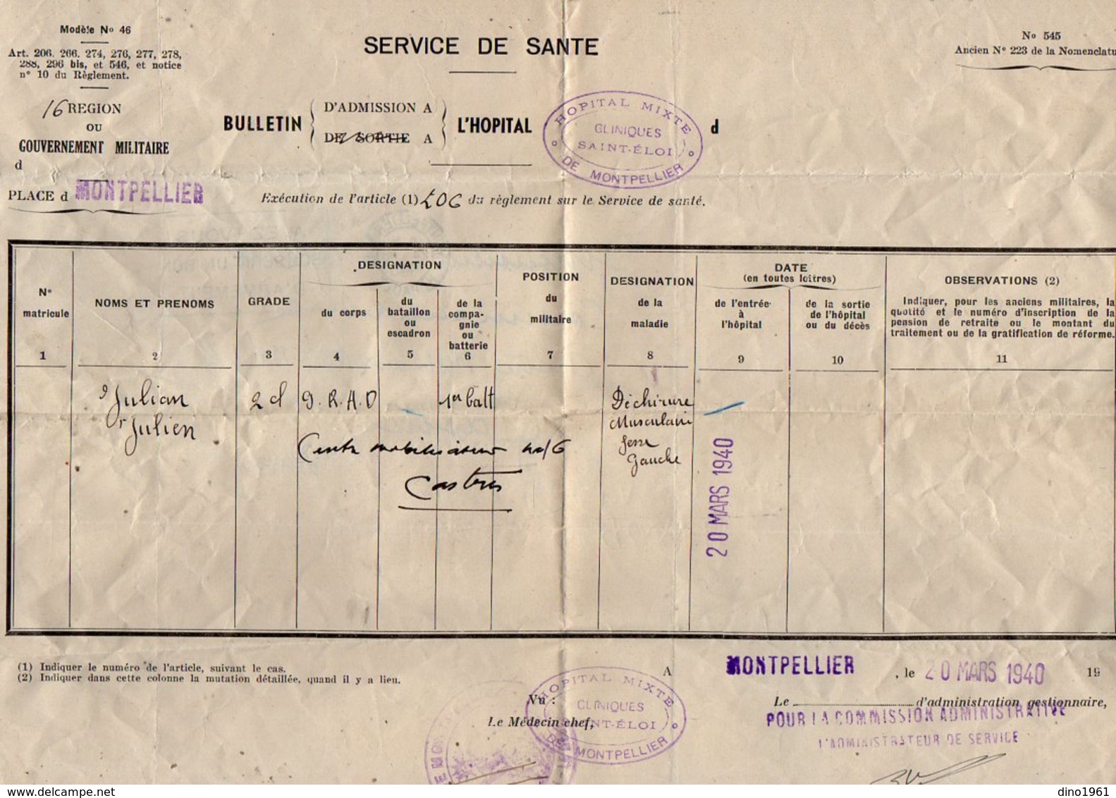 VP12.755 - MILITARIA - Guerre 39/45 - Lettre En Franchise Militaire - Hopital De MONTPELLIER Pour CASTRES - Documentos