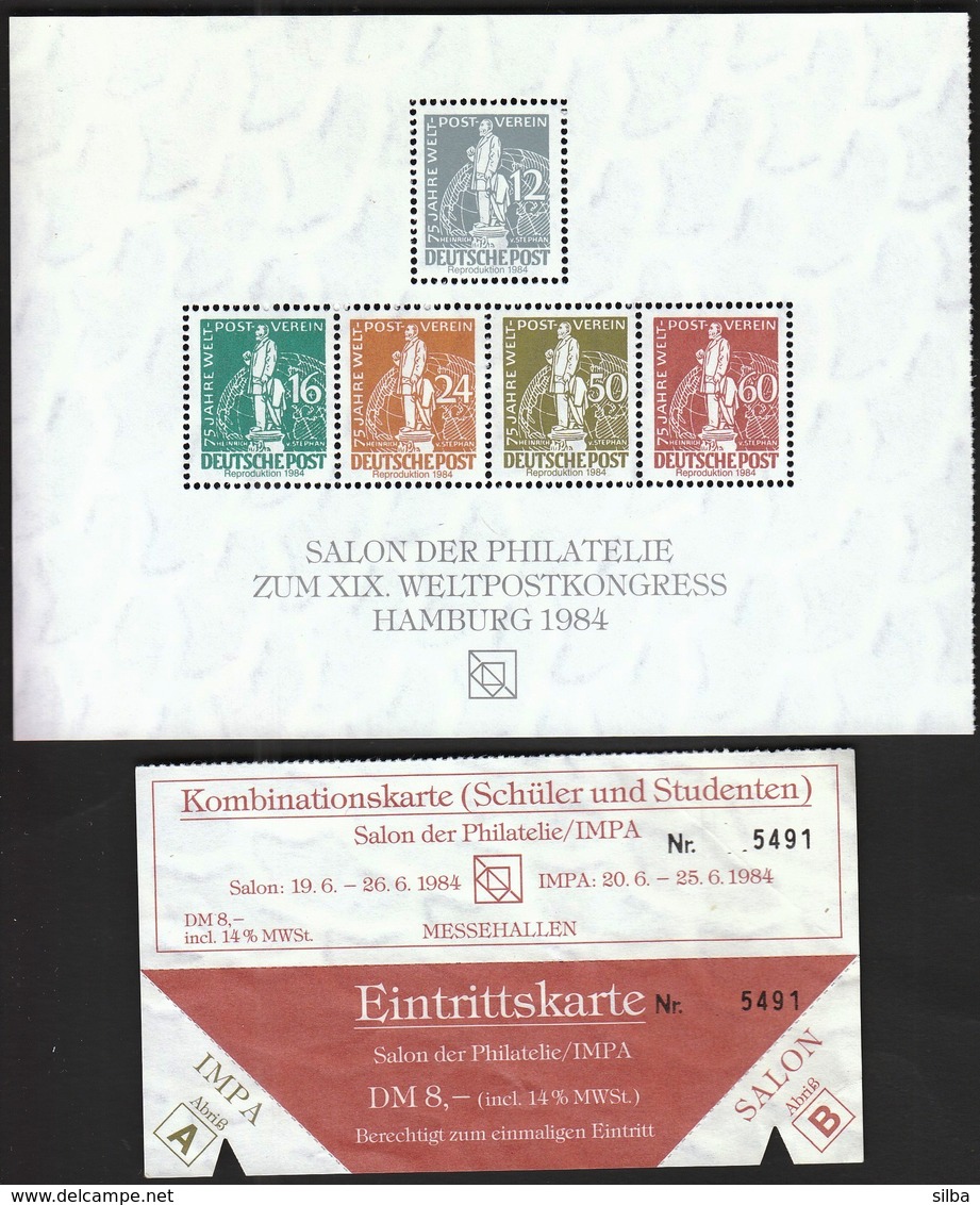 Germany 1984 / Salon Der Philatelie Zum XIX. Weltpostkongress Hamburg, IMPA / Ticket + Vignette, Cinderella - Philatelic Exhibitions