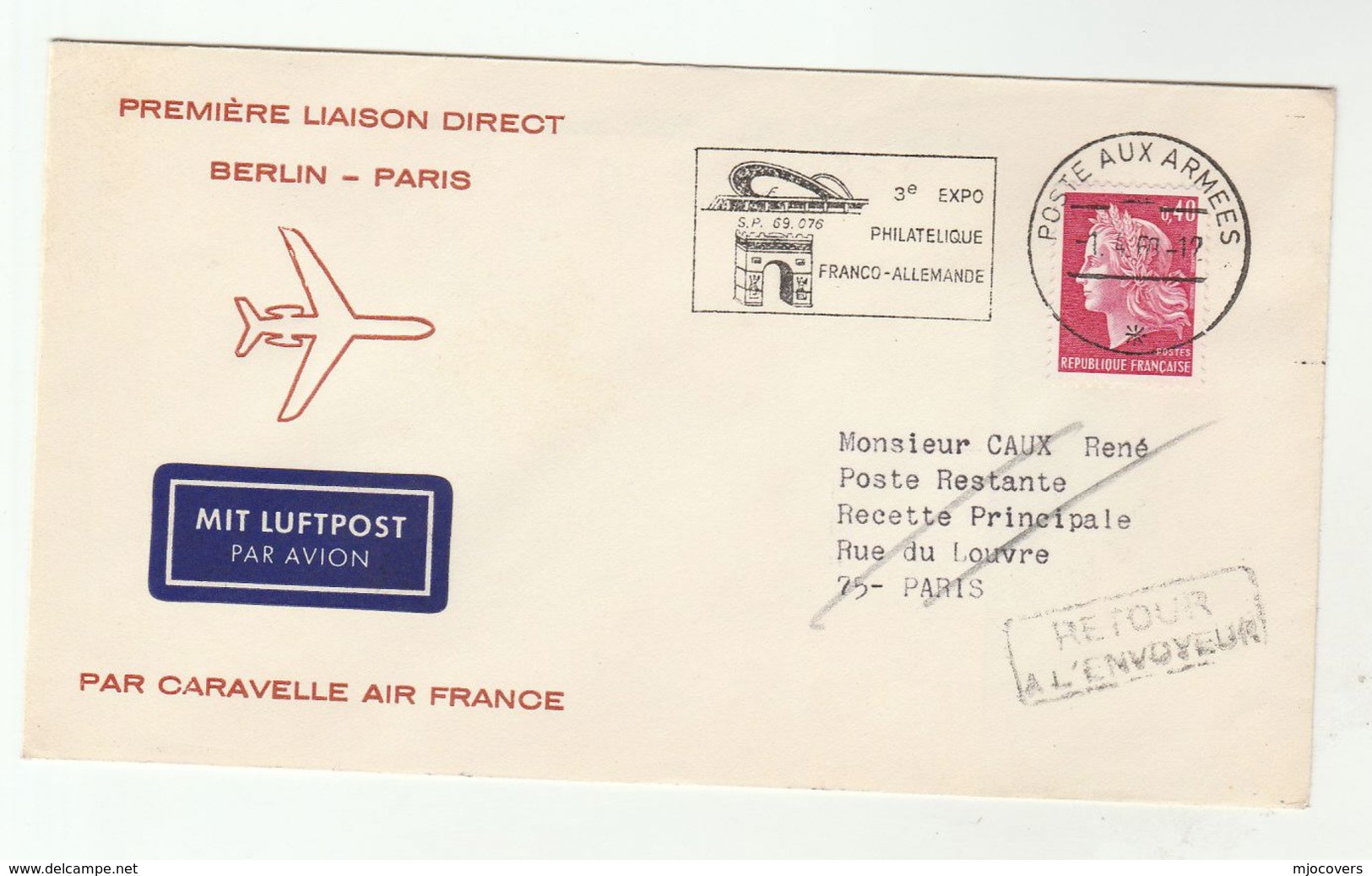 1969 FRENCH ARMY FLIGHT COVER French Forces BERLIN To PARIS First CARAVELLE AIR FRANCE Germany Aviation Stamps - Covers & Documents