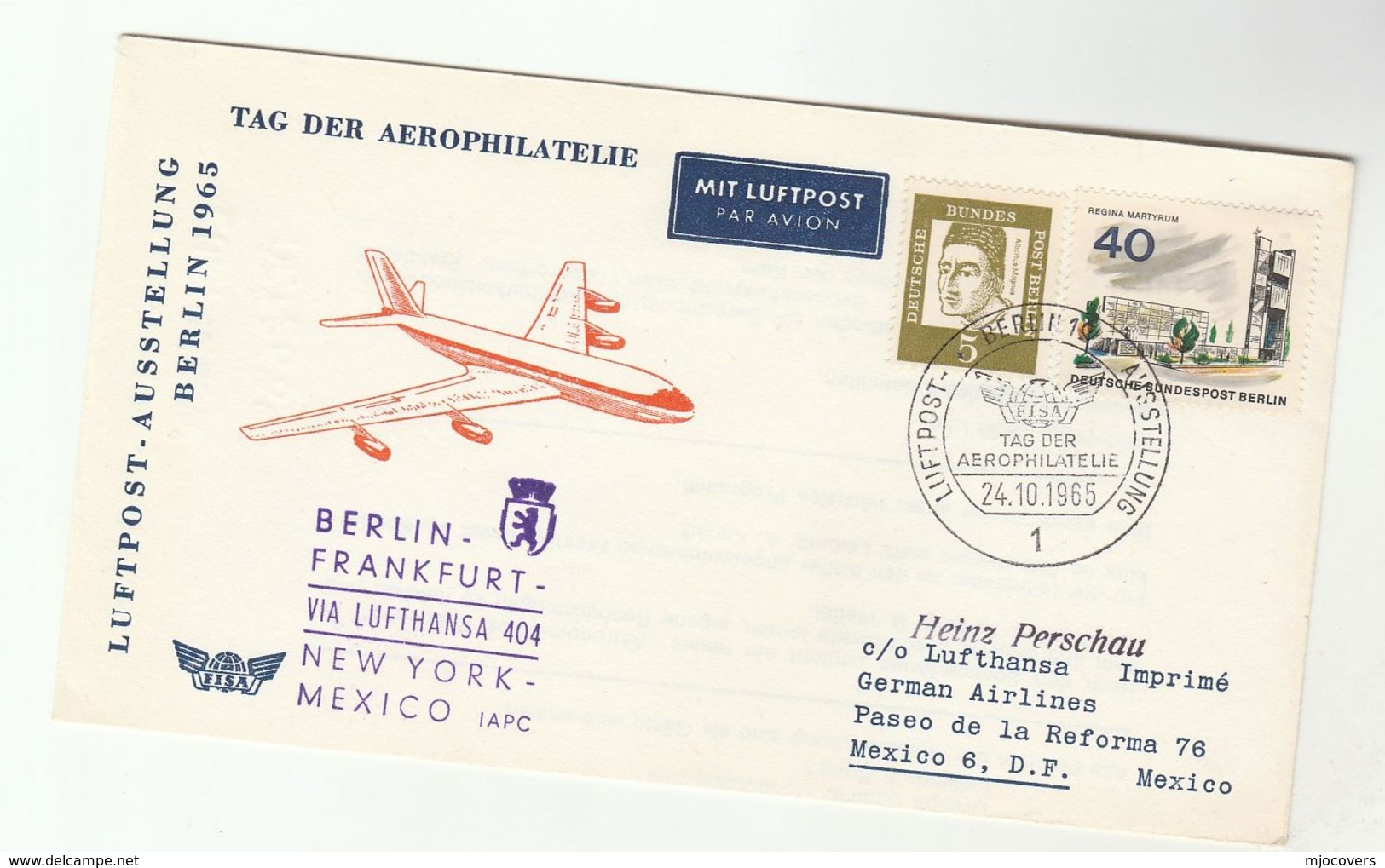 1965 West BERLIN To MEXICO Special FLIGHT COVER Lufthansa Aerophilately Day Germany Aviation Stamps - Covers & Documents