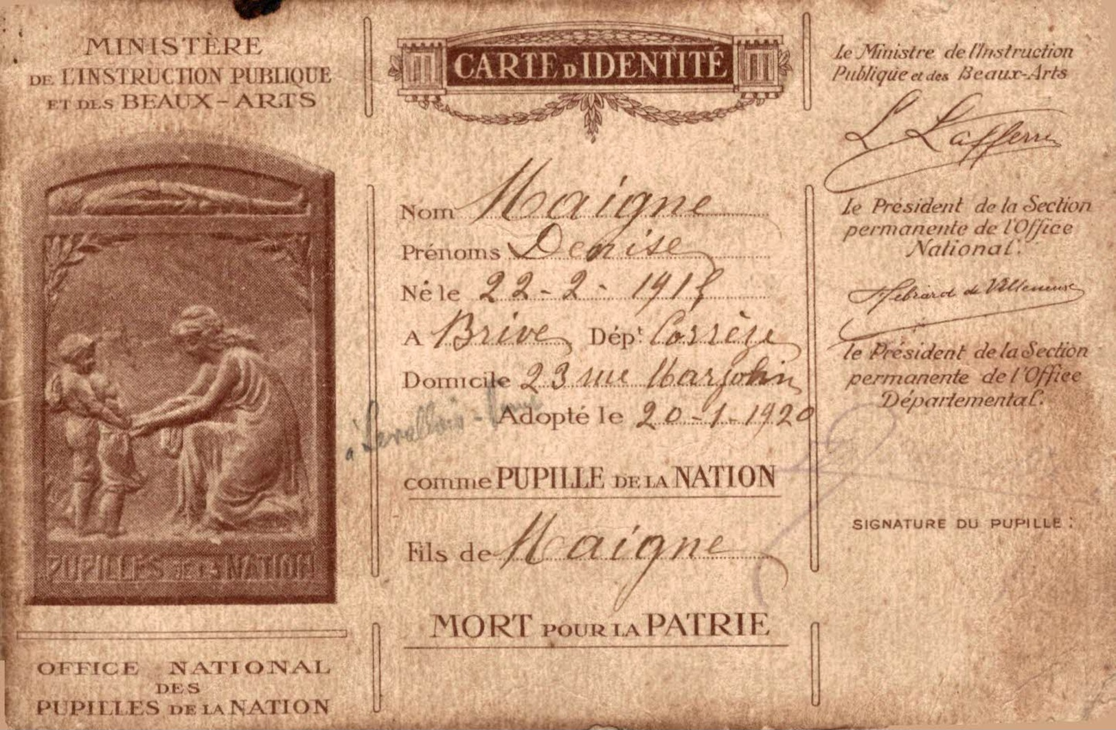 REF 1669-2018 CARTE D IDENTITE PUPILLE DE LA NATION MINISTERE DE L INSTRUCTION PUBLIQUE ET DES BEAUX ART 1920 - Other & Unclassified