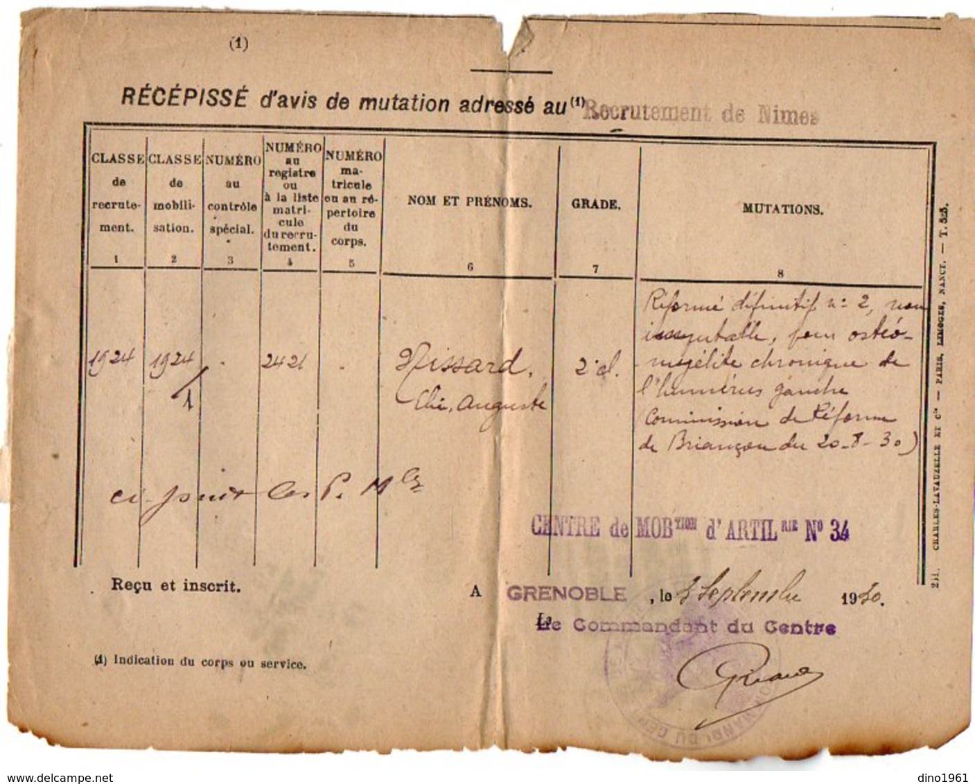 VP12.758 - MILITARIA - Lettre En Franchise Militaire - Récépissé - NIMES X GRENOBLE Centre De Mobilisation - Documentos