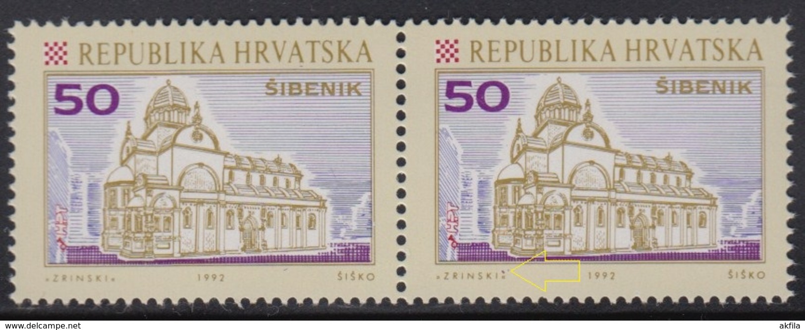 Croatia 1992 Sibenik, Error - At 2nd Stamp Is Dot Above Zrinski, MNH (**) Michel 196 - Croatie