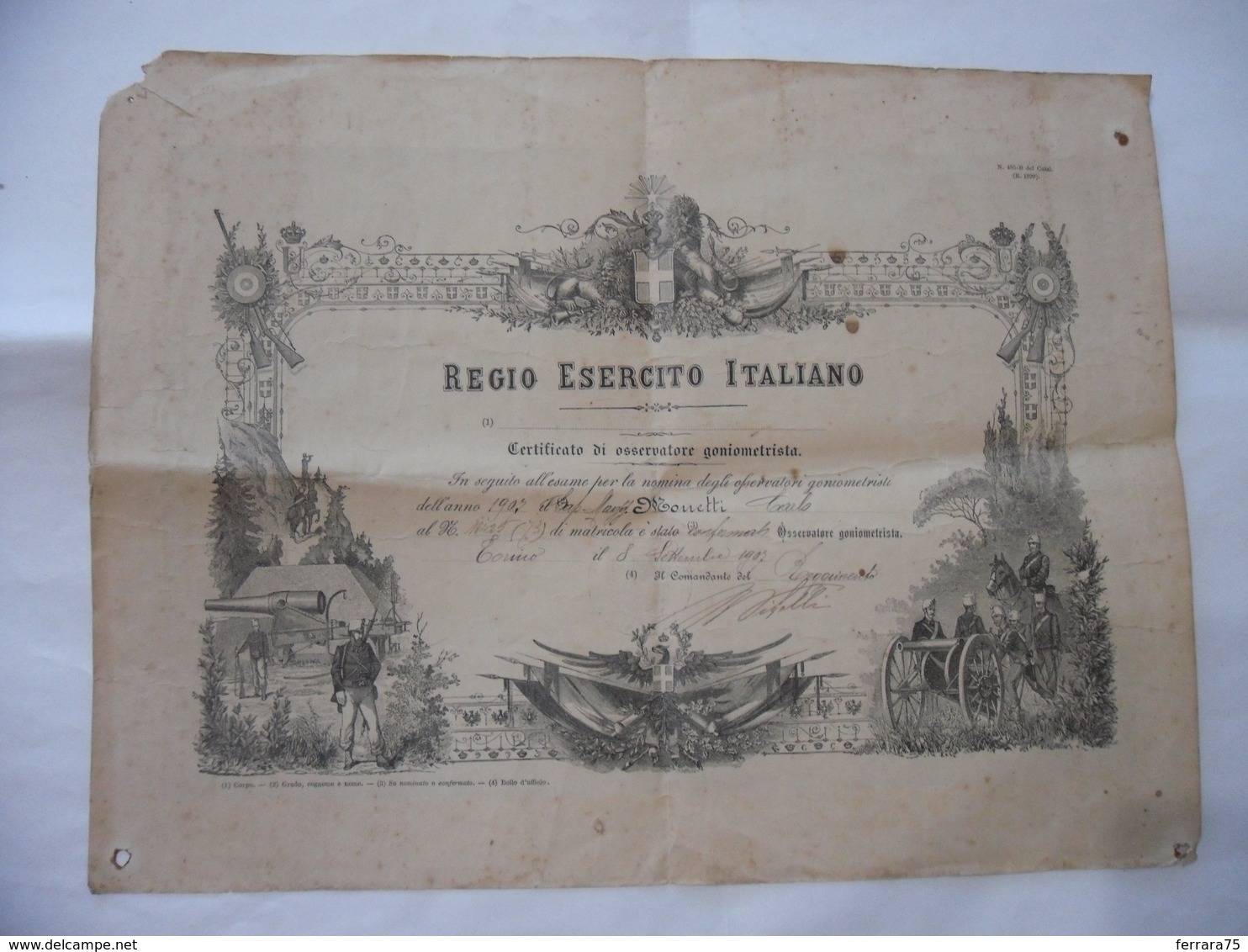 REGIO ESERCITO CERTIFICATO OSSERVATORE GONIOMETRISTA 1907 CAPORAL MAGG.MONETTI - Diplomas Y Calificaciones Escolares