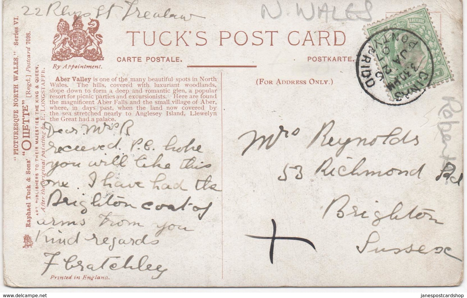 ABER VALLEY - GLAMORGAN - TUCKS OILETTE POSTCARD WITH GOOD DINAS PONTYPRIDD POSTMARK - Glamorgan