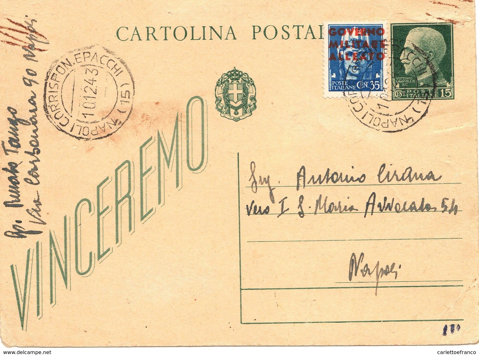 Molto Raro - Francobollo C35 Sovrastampato Aggiunto A Cartolina Postale - Ocu. Anglo-Americana: Napoles